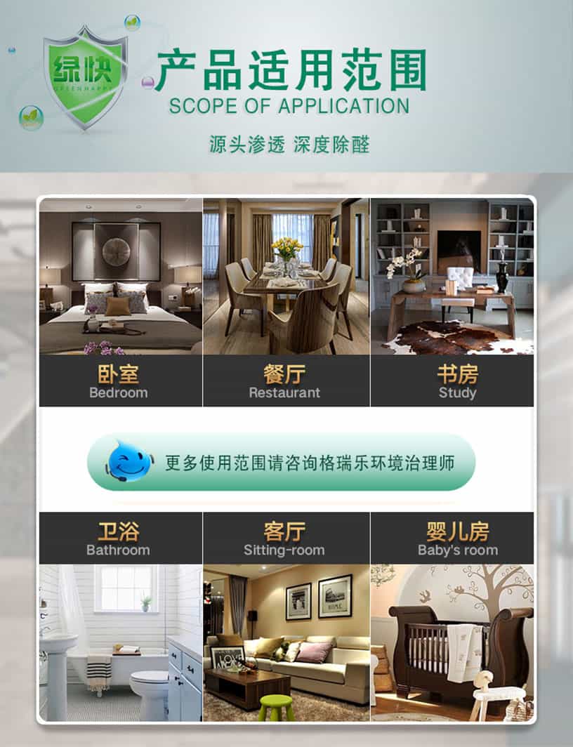 產(chǎn)品適用范圍，SCOPE OF APPLICATION,源頭滲透，深度除醛，臥室，Bedroom,餐廳，Restarant,書房，Study，衛(wèi)浴，Bathroom,客廳，Siting-room,嬰兒房，Baby' room,更多使用范圍請咨詢格瑞樂環(huán)境治理師