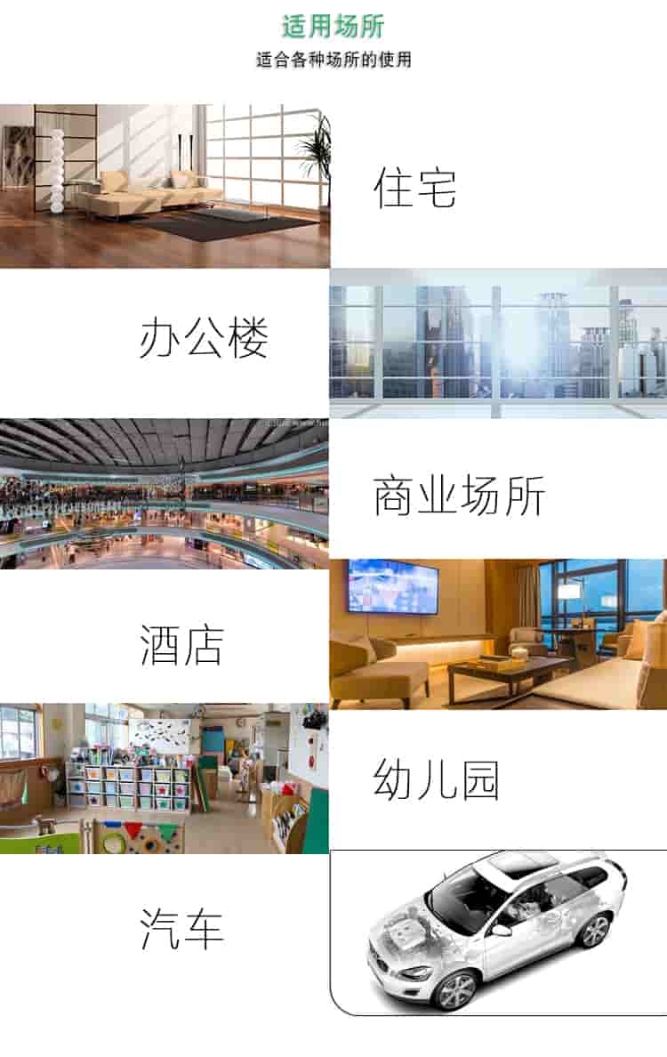 適用場所，適合各種場所的使用，住宅，辦公樓，商業(yè)場所，酒店，幼兒園，汽車