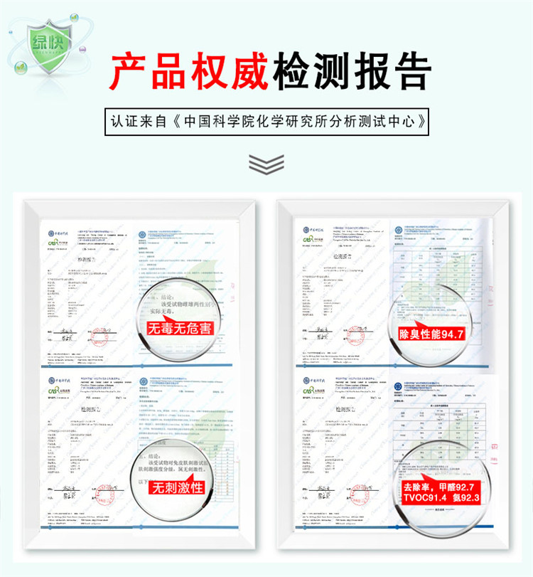 產(chǎn)品權(quán)威檢測報告 認(rèn)證來自《中國科學(xué)院化學(xué)研究所測試中心》無毒無危害 除臭性能94.7 無刺激性 甲醛去除率92.7 TVOC91.4 氨92.3